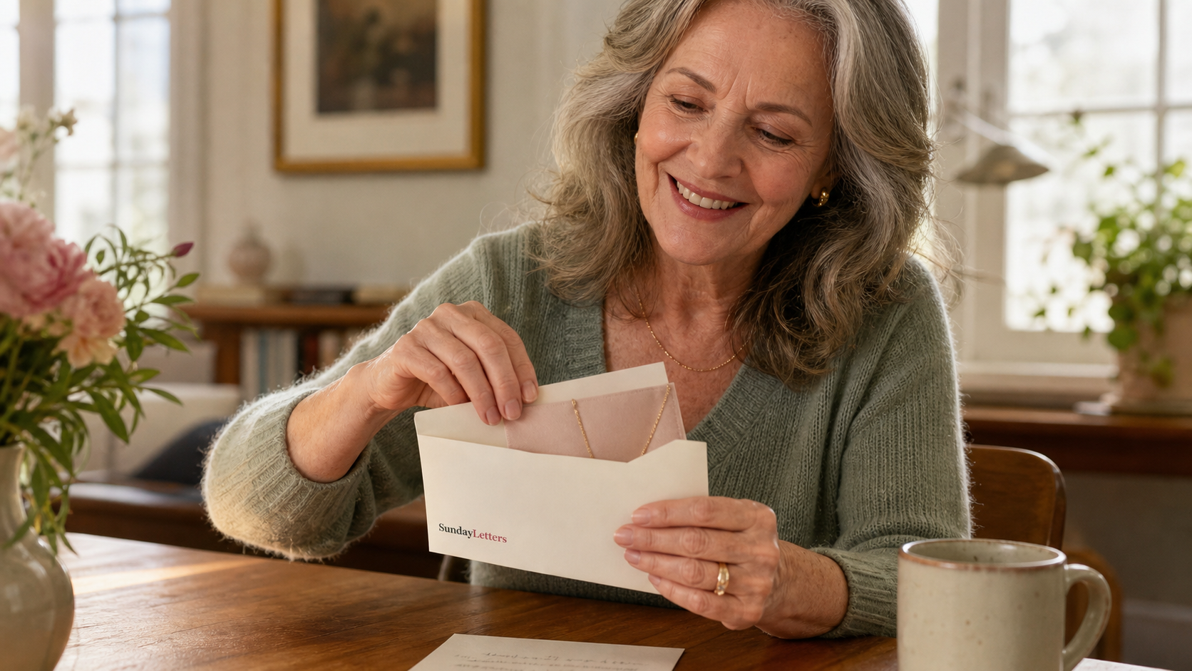 A carefully packed Sunday Letters jewelry envelope ready to be opened