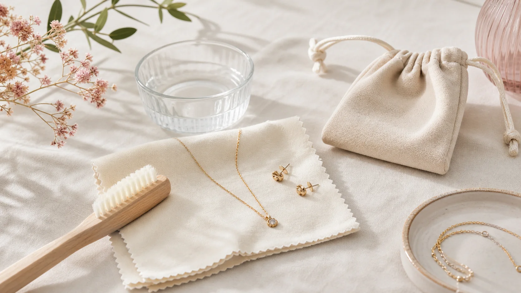 Gold-tone jewelry resting on a soft cloth beside a care brush, water bowl, and jewelry pouch
