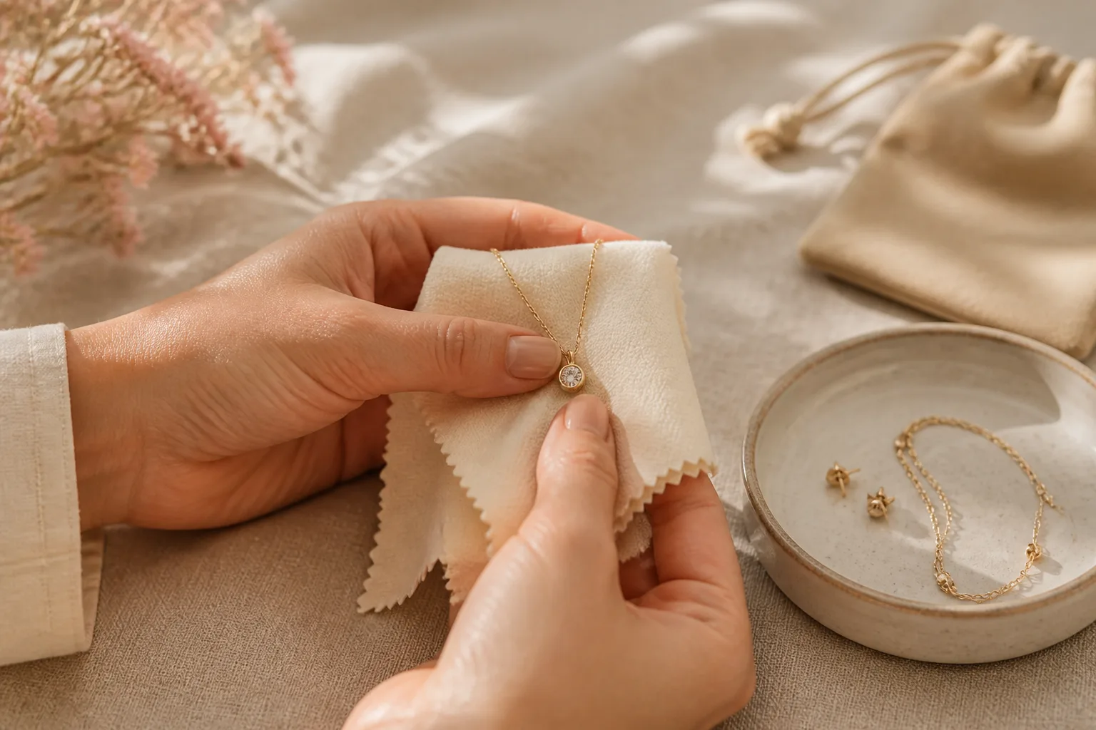 Hands gently wiping a gold necklace with a soft polishing cloth
