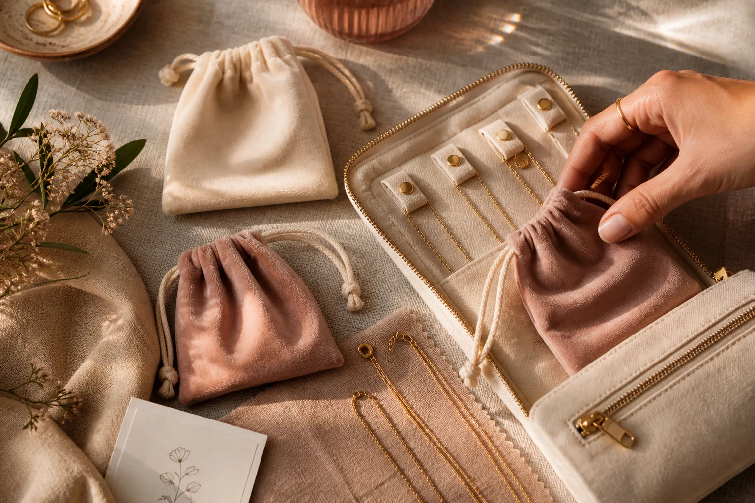 Jewelry pouches and a travel case with clasped gold chains packed separately