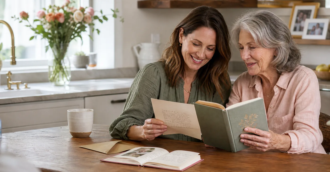 A mother and adult daughter sharing a handwritten letter