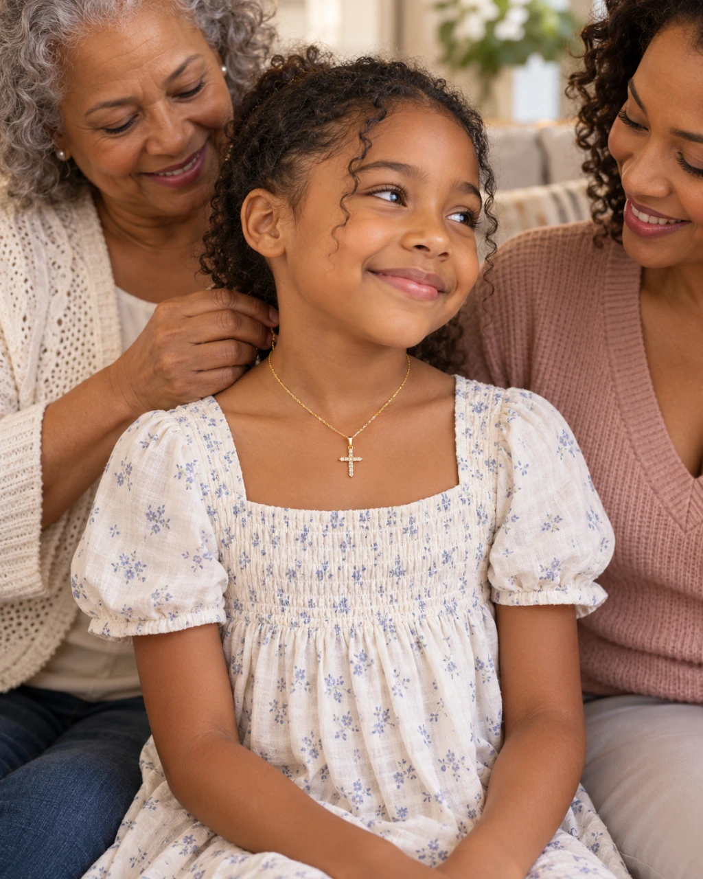 A grandmother in her late sixties fastens a gold crystal cross necklace behind her young granddaughter's neck while the girl's mother looks on.