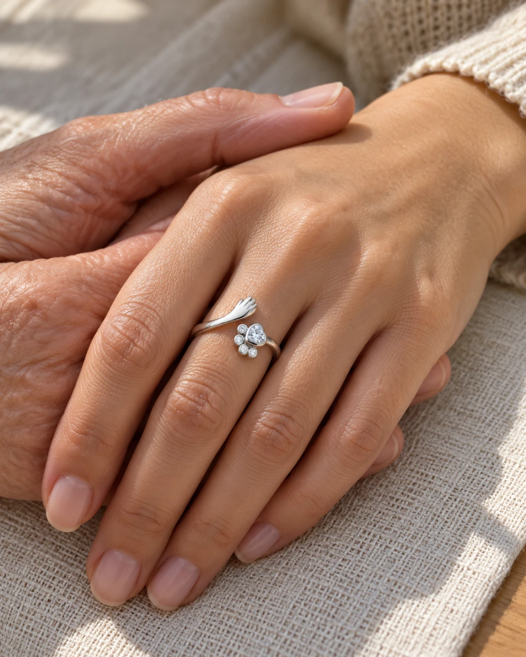 A mother in her sixties holds her adult daughter's hand as she wears the silver paw ring her mother just gave her.