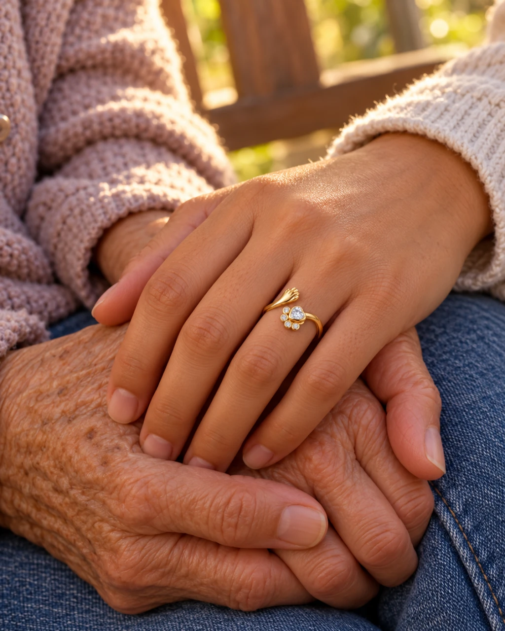 A grandmother around eighty holds her teenage granddaughter's hand as the girl admires her new gold paw ring on a porch swing.