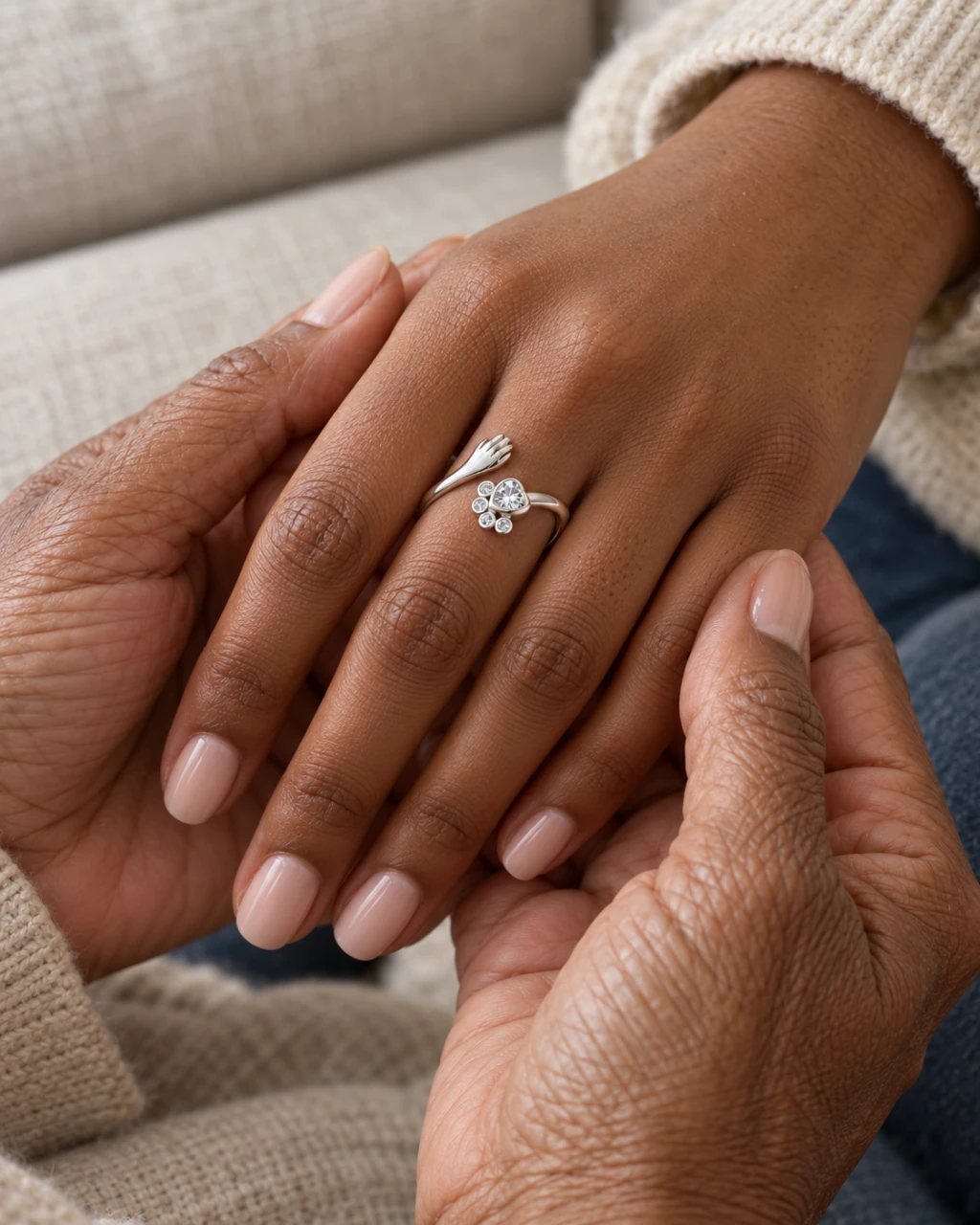 An aunt in her late sixties holds her young adult niece's hand as she admires the silver paw ring her aunt gave her.