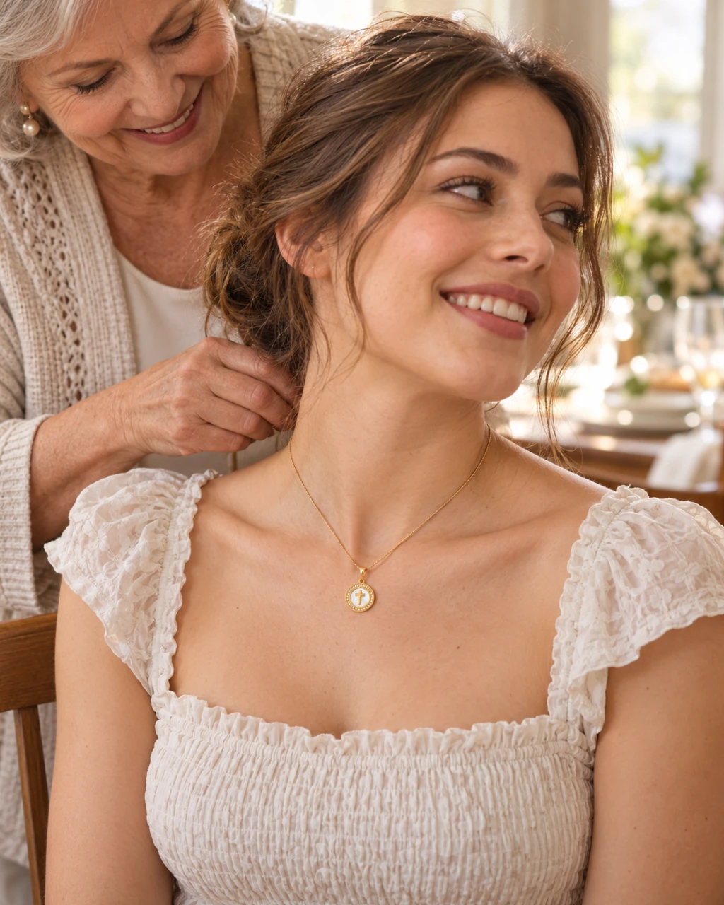 A grandmother in her seventies fastens a white cross medallion necklace behind her adult granddaughter's neck after Sunday lunch.