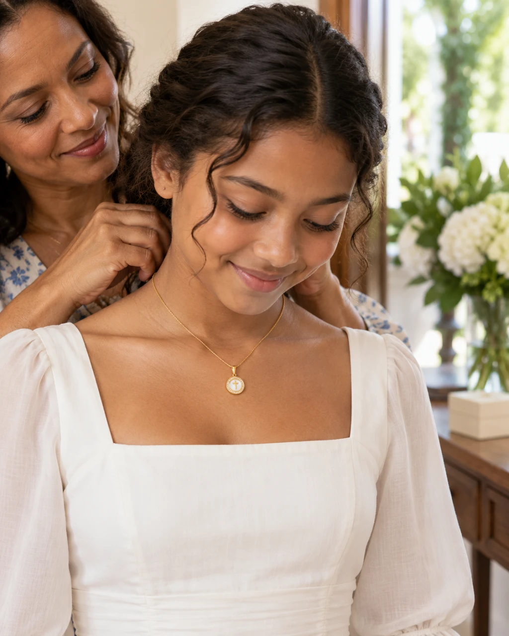 A mother in her forties fastens a white cross medallion necklace behind her teenage daughter's neck on her confirmation day.